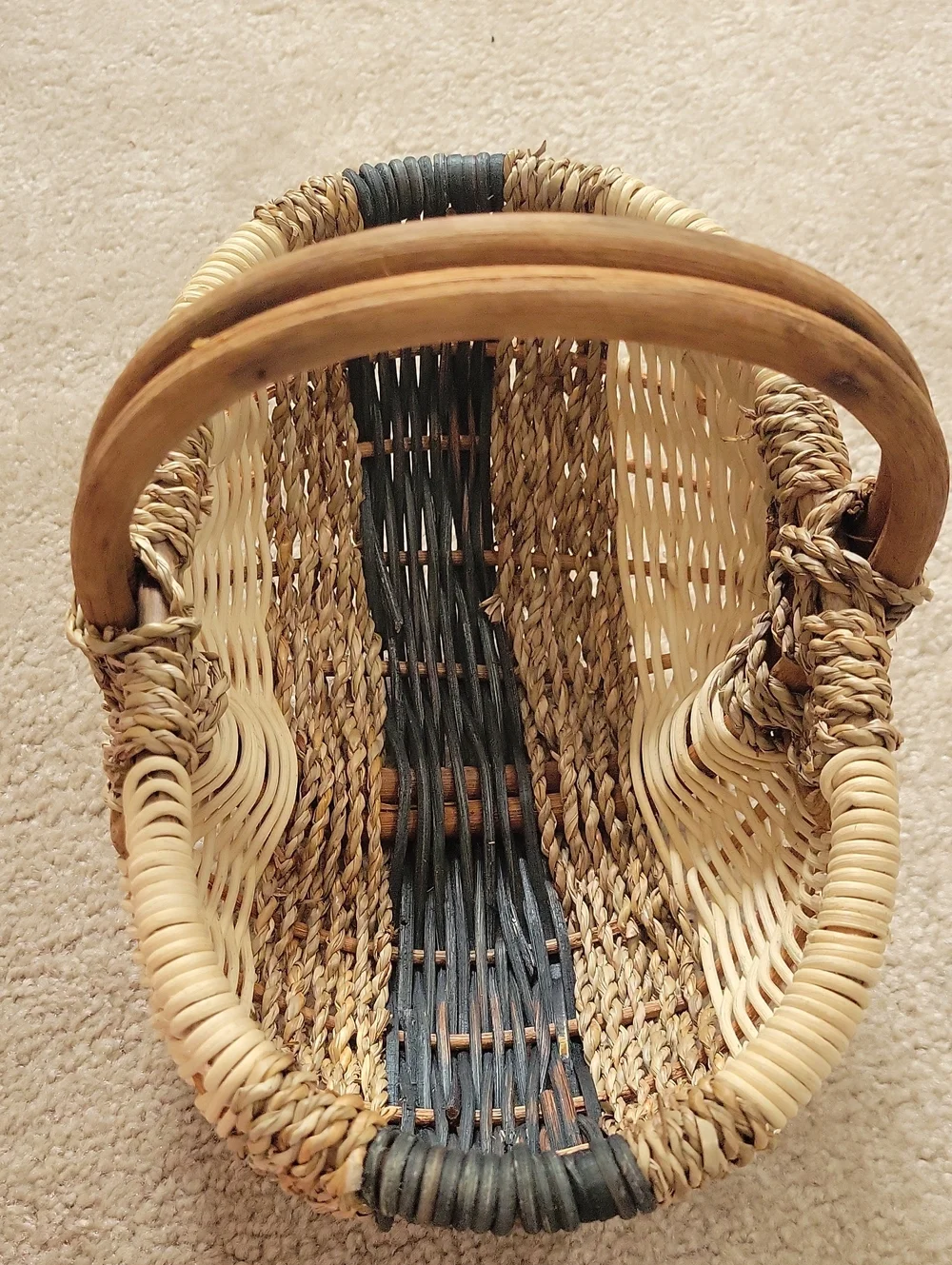 Handwoven Natural and Black Wicker Basket with Wooden Handles